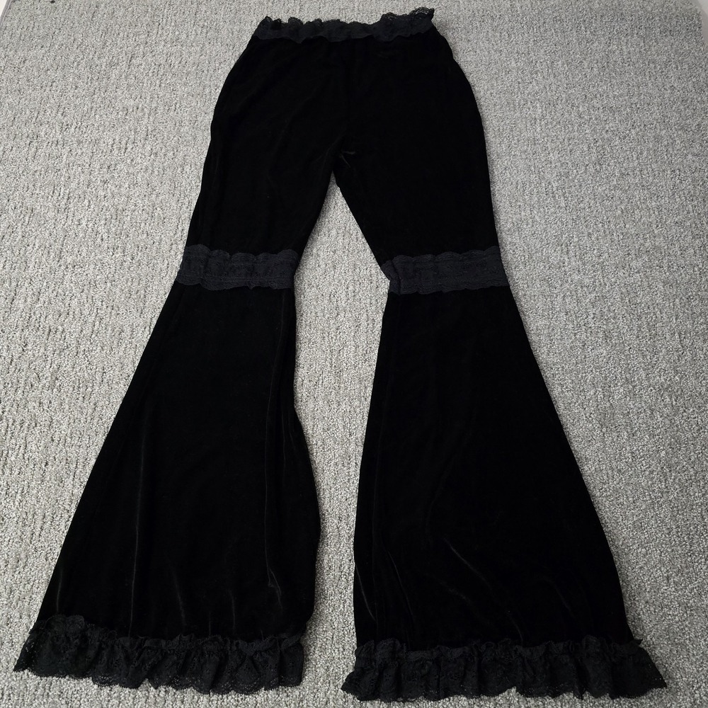 Black Velvet Bell Bottom Pants M Lace Ruffle Hem Goth Whimsigoth Boho Flares
